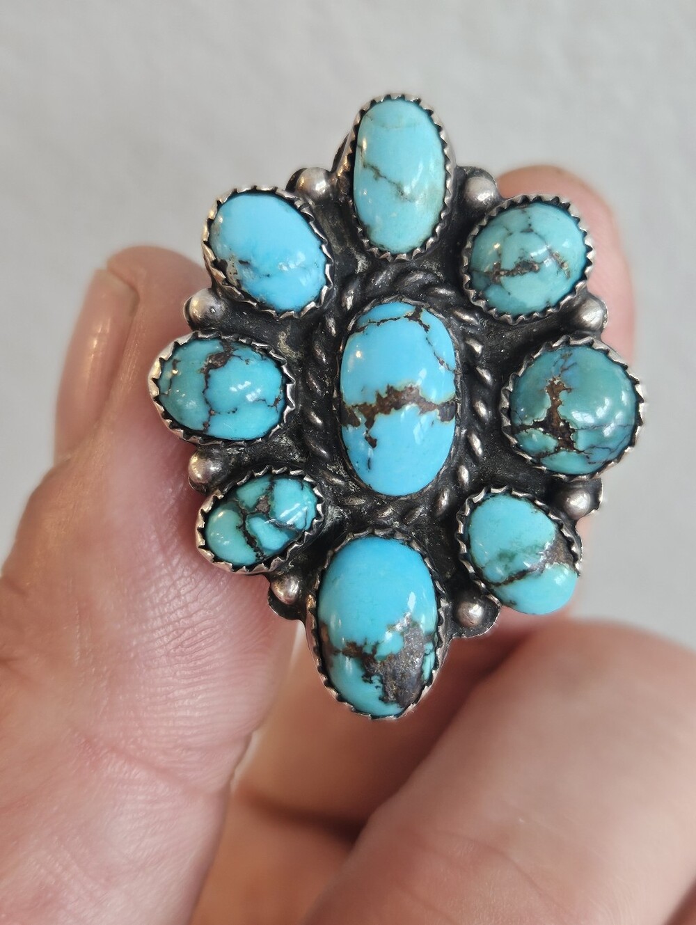 Vintage Navajo Sterling Silver Turquoise Cabochon Cluster Statement Ring 10.5 - Picture 4 of 5